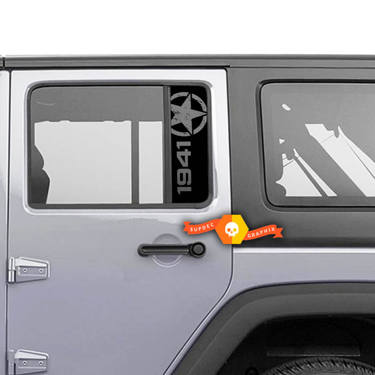 Pair Jeep 1941 Window Star Destroyed Gladiator Wrangler Doors Vinyl Stickers Decal