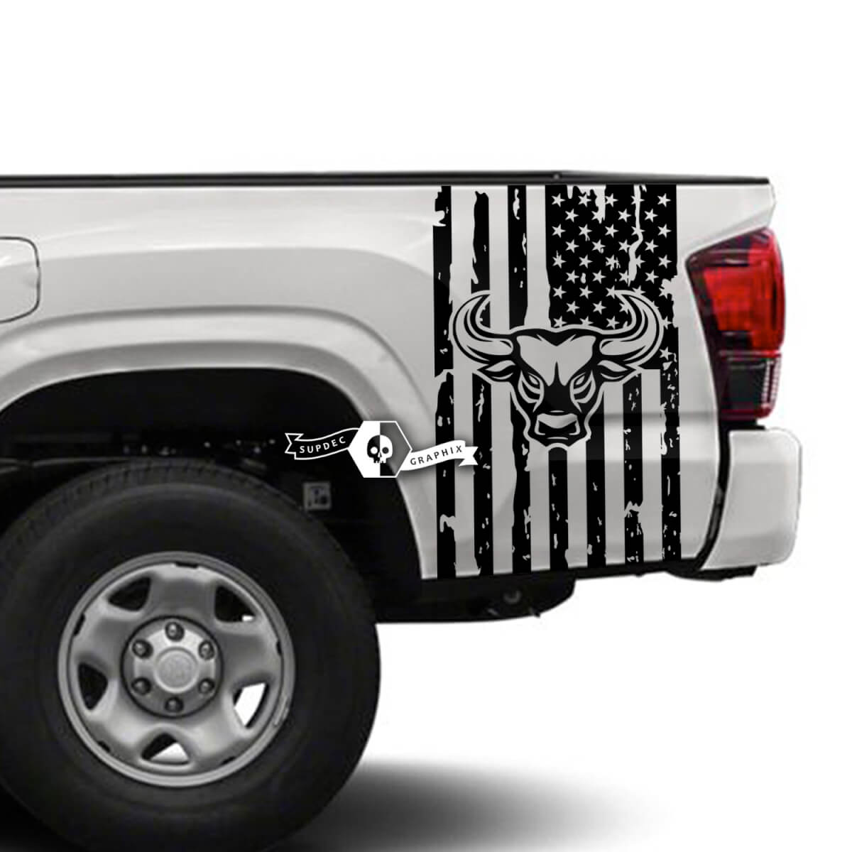 Pair Toyota Tacoma SR5 Bed Side USA Flag Destroyed Vinyl Decals Graphic Sticker