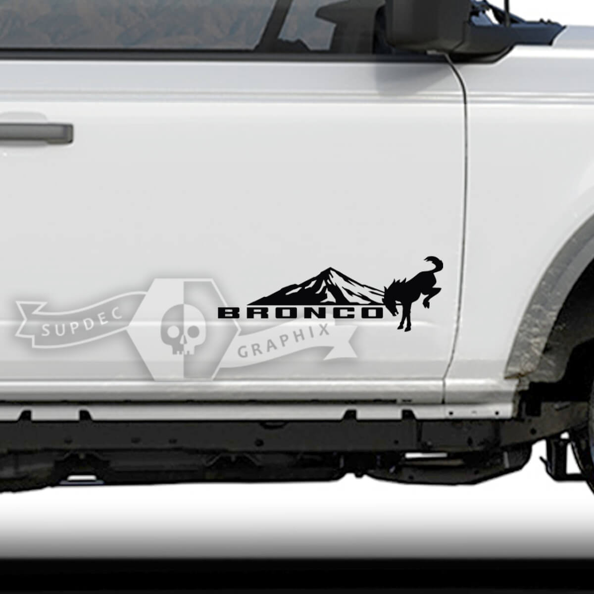 Pair Ford Bronco Doors Mountains Side Bronco Logo Vinyl Decal Sticker Graphics