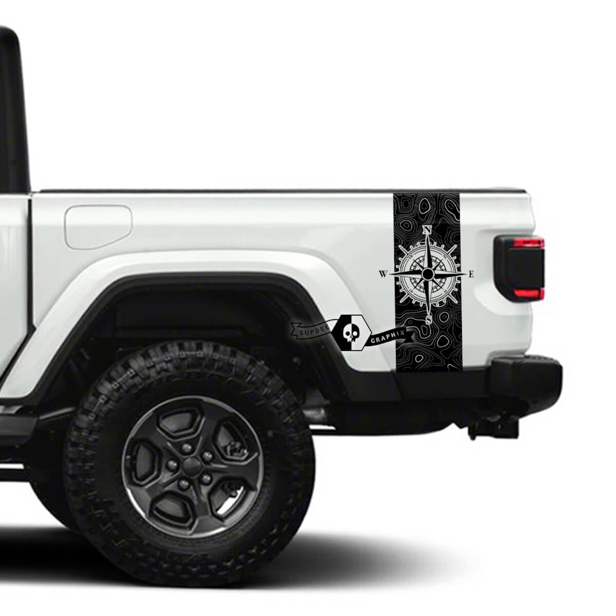 Pair Jeep Gladiator Rubicon Bed Side Fender Compass 4x4 Off-Road Racing Stripe Kit Outline Topographic Map