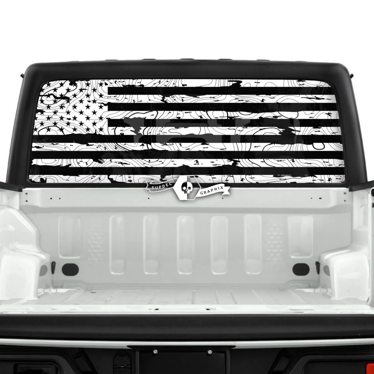 Jeep Gladiator Rear Window Flag USA Destroyed Topographic Map Topo Stickers Decals Vinyl Graphics Stripe