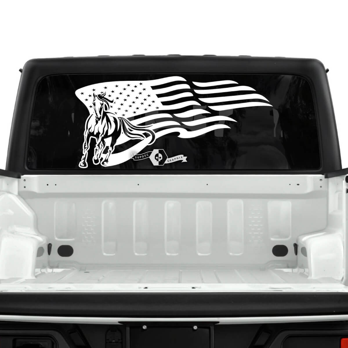 Jeep Gladiator Rear Window Flag USA Horse Stickers Decals Vinyl Graphics Stripe