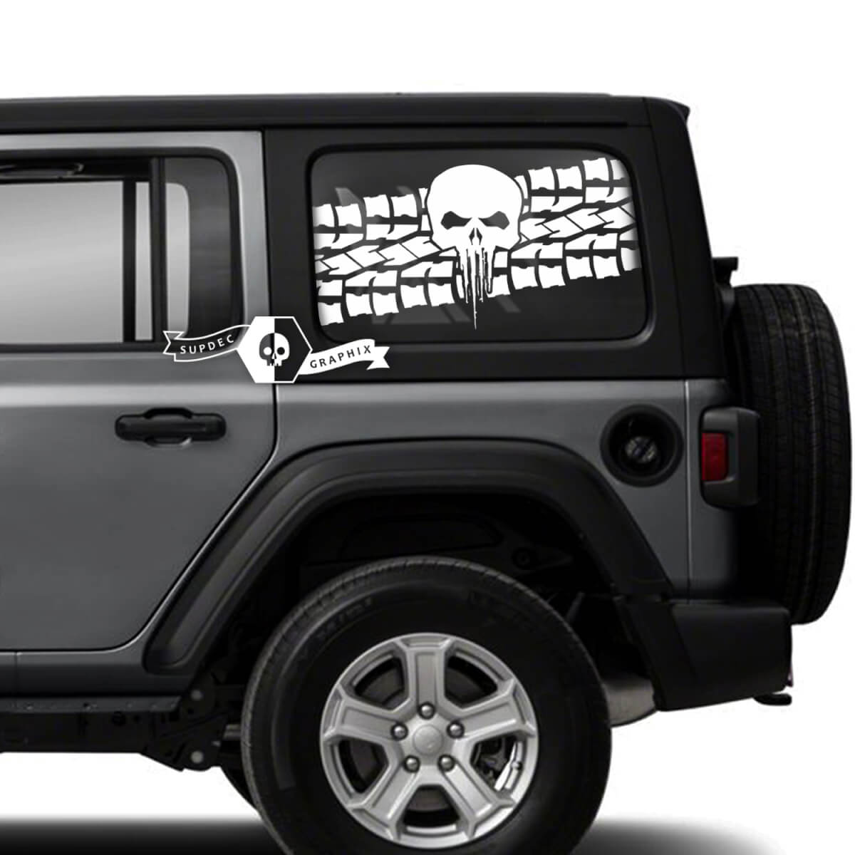 Pair of Jeep Wrangler Unlimited Side Door Window Skull Tire Track Stickers Decals Trim Vinyl Graphics Stripe
