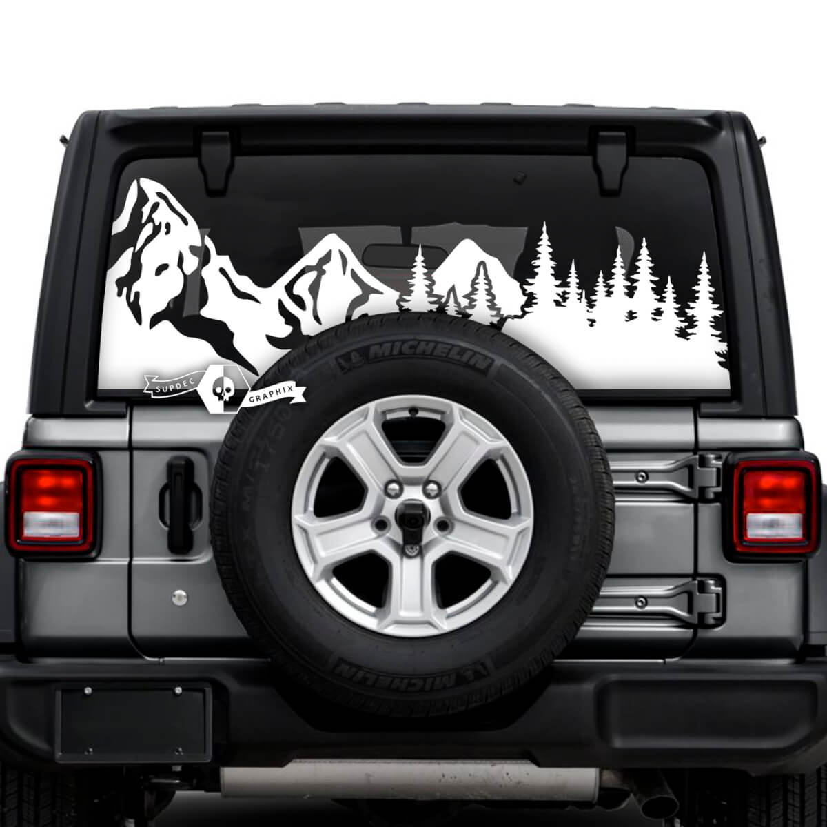 Jeep Wrangler Unlimited Rear Window Mud Splash Mountains Forest Tire Track Stickers Decals Vinyl Graphics