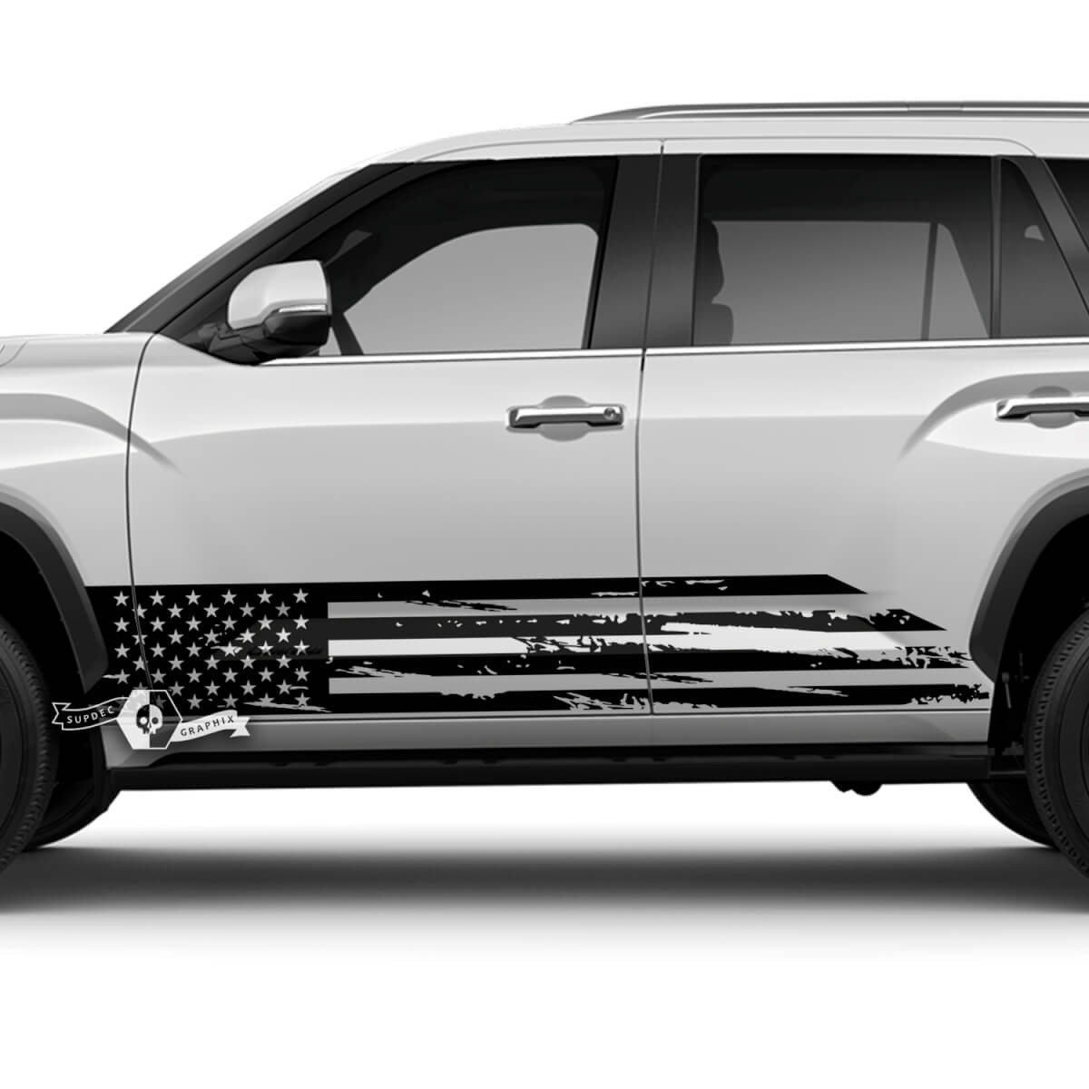 Pair Toyota Sequoia Doors Rocker Panel Stripe USA Flag Dazzle Paint Destroyed Off Road Vinyl Stickers Decal fit Toyota Sequoia 