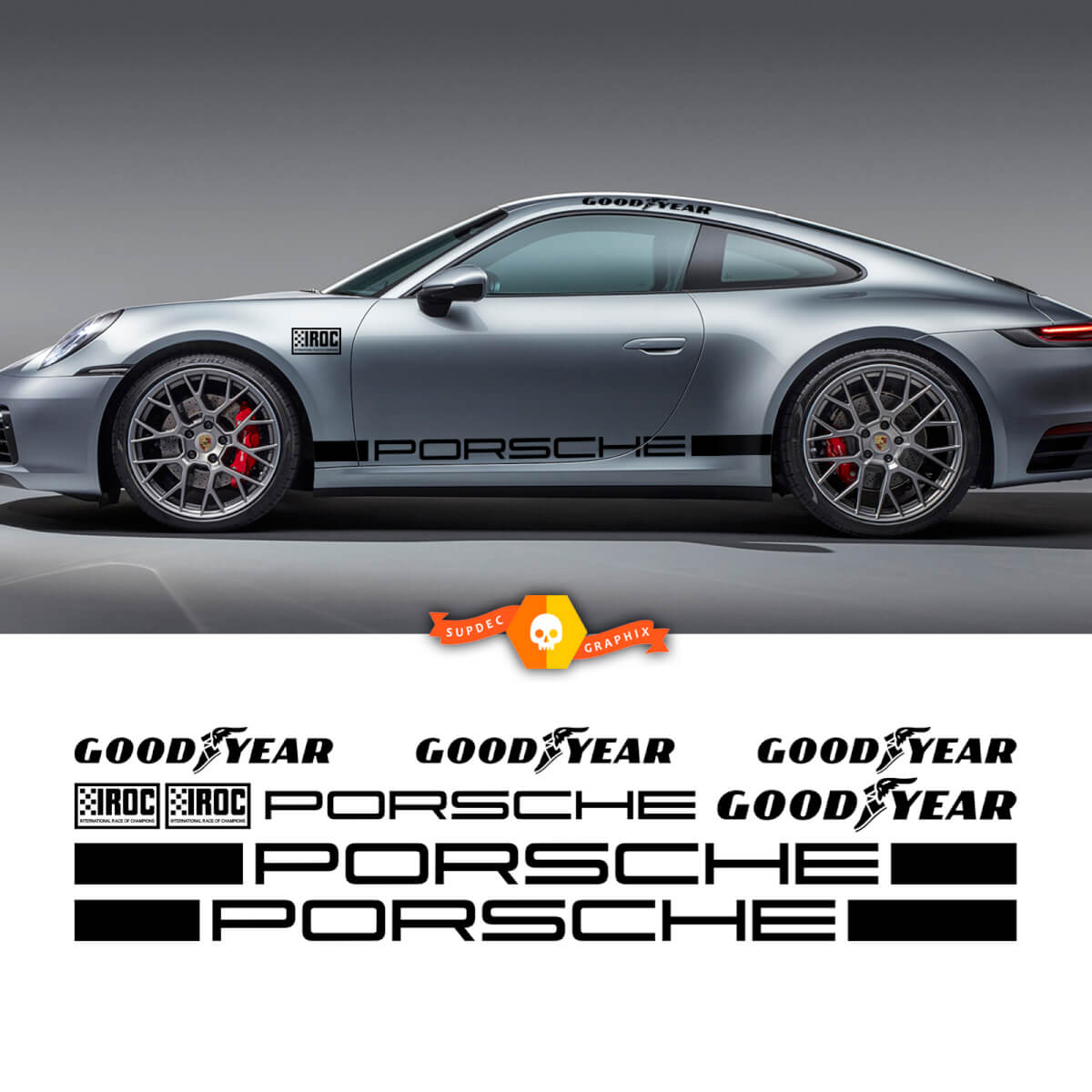 2 Porsche 911 Porsche Carrera IROC GoodYear Racing Rocker Panel Side Stripes Doors Kits Decal Sticker 