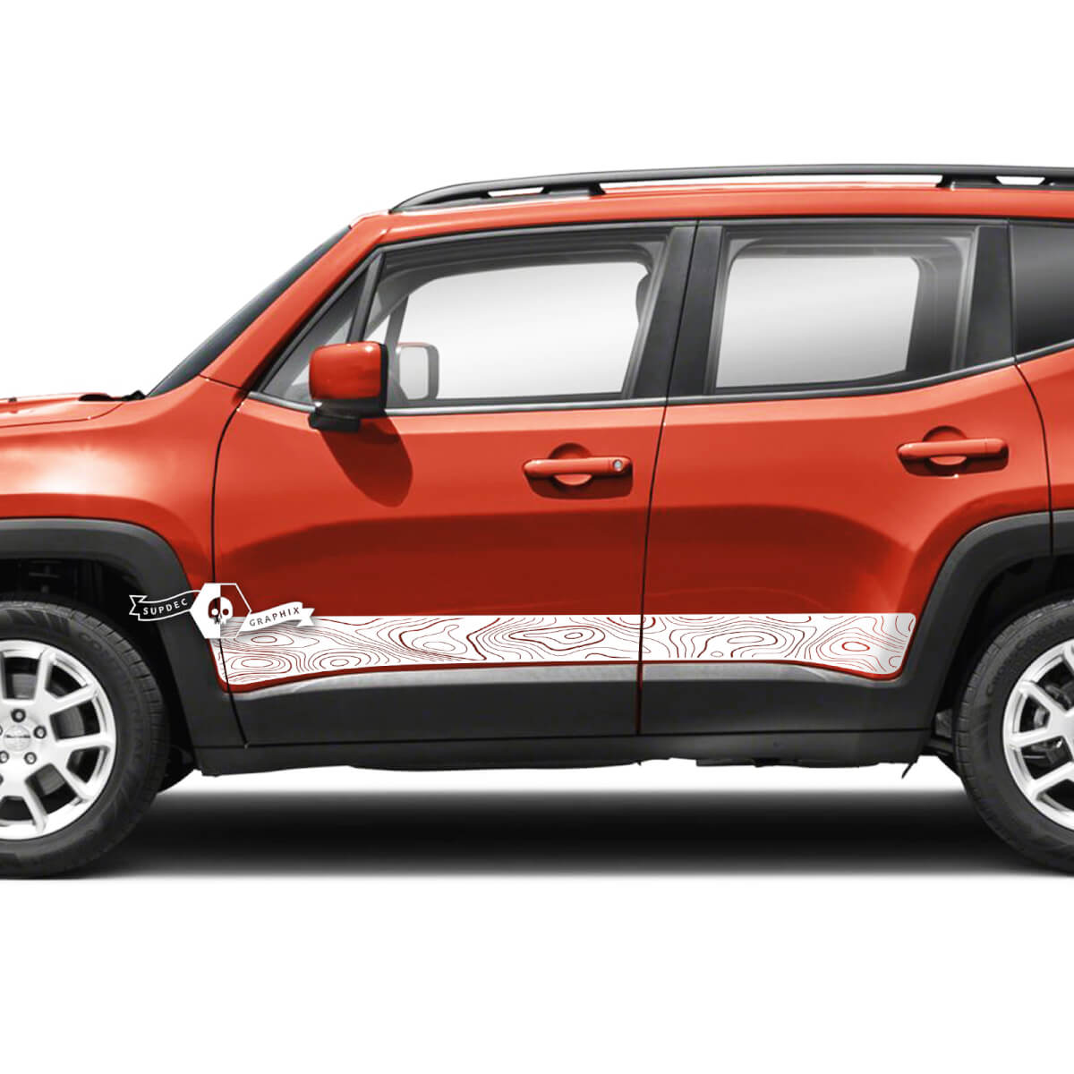 Pair Jeep Renegade Rocker Panel Topographic Map Style Side Stripe Graphic Vinyl Decal Sticker 
