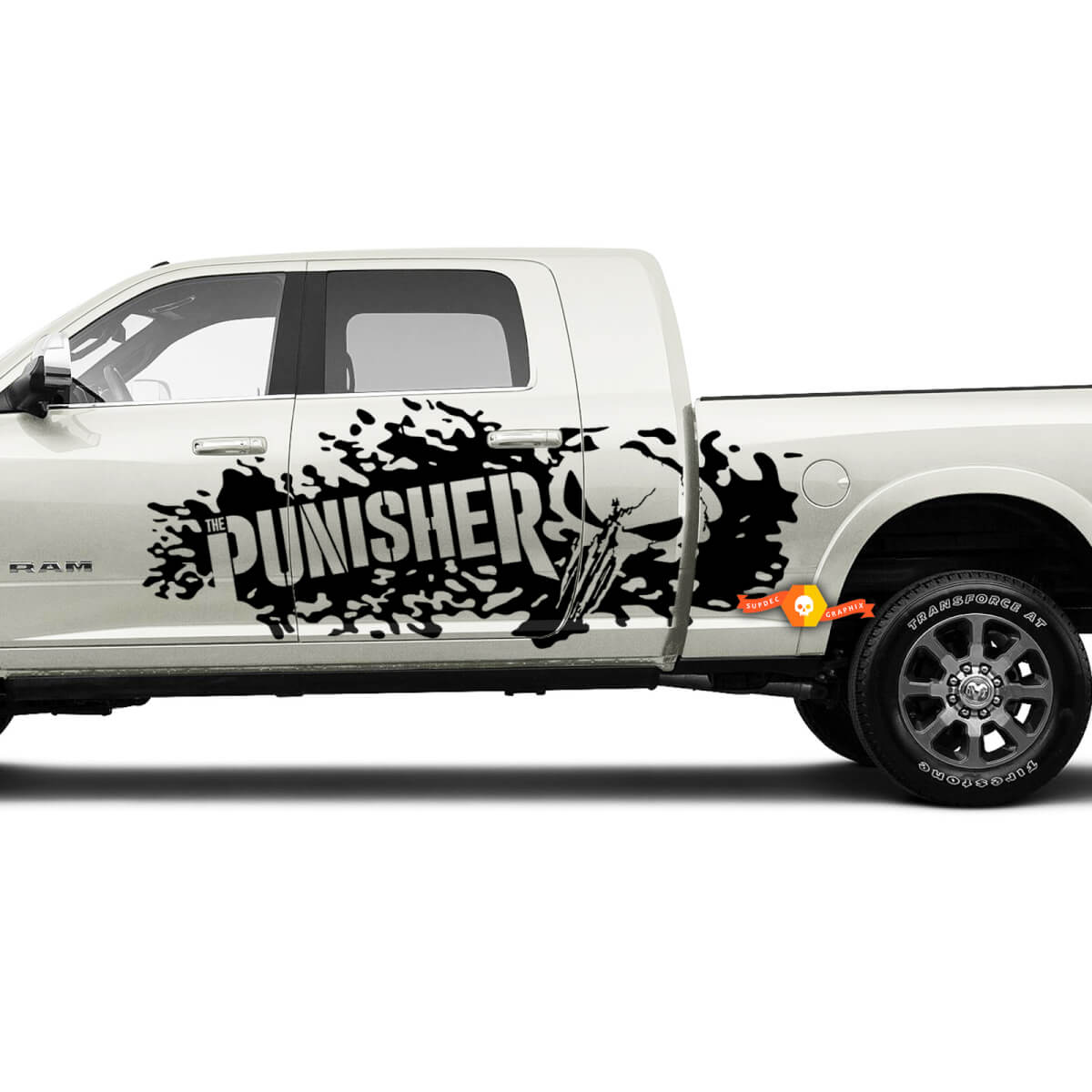 Pair Dodge Ram Side Doors Bed Destroyed Punisher Skull Truck Vinyl Sticker Decal Graphic