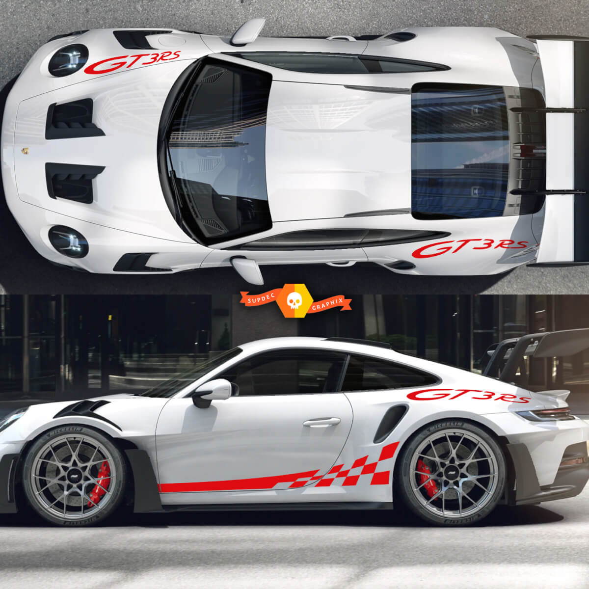 Pair Porsche 911 GT3 RS Rocker Panel Side Checkerboard Flag Stripes Doors And Side GT3 RS Kit Decal Sticker