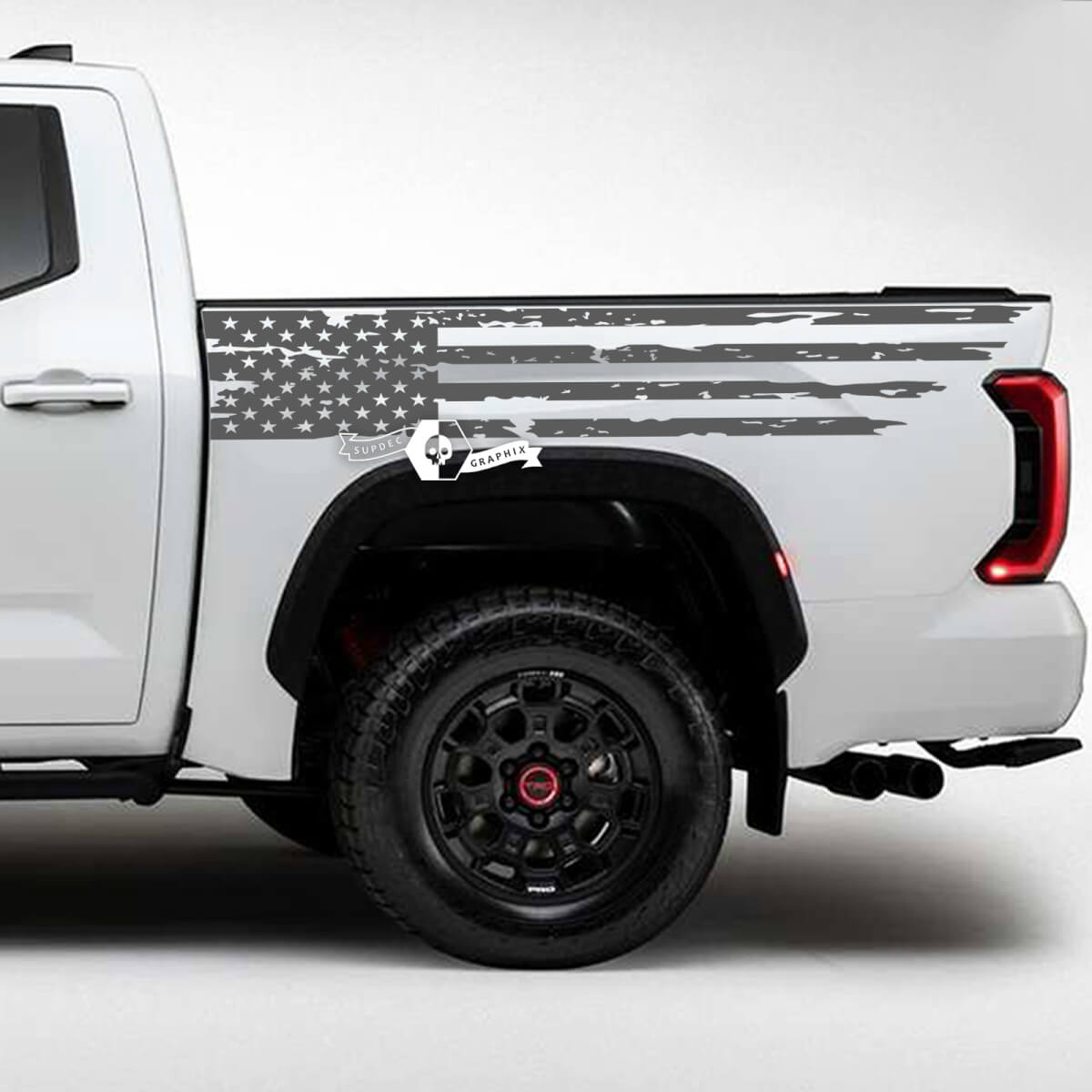 Pair Toyota Tundra Bed Side Rear Fender USA Flag Destroyed Grange Stripes Vinyl Stickers Decal