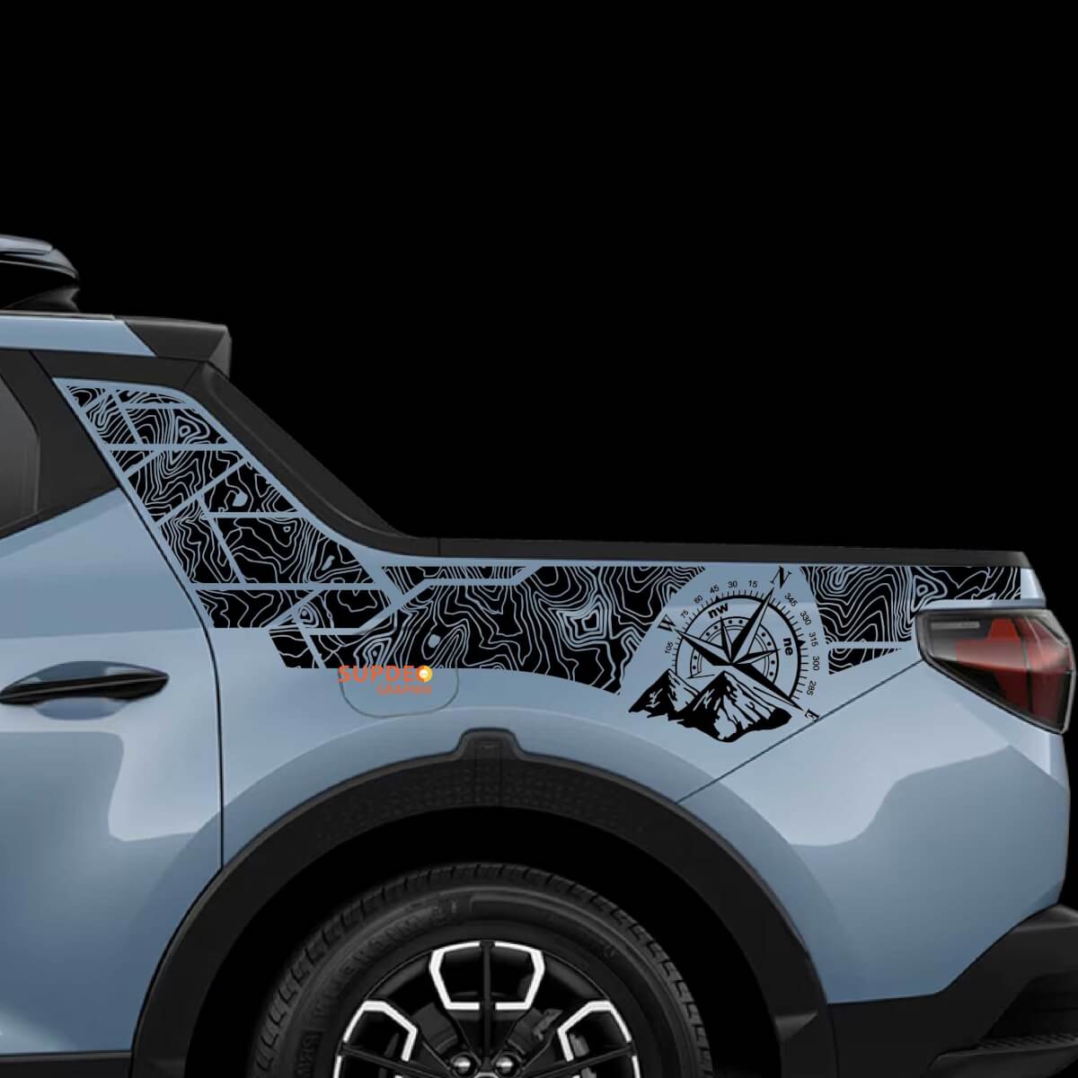 2x Hyundai Santa Cruz Topographic Map edition BedSide Side Rear Pilar Vinyl Stickers Decal