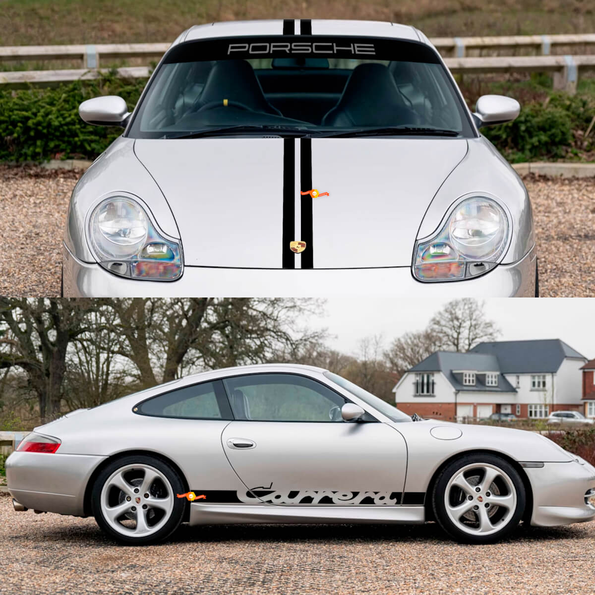 Porsche 911 Carrera Stripes Retro Hood Side Windshield Decal Sticker Kit