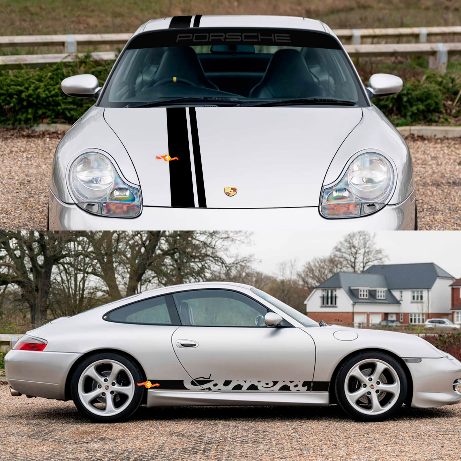 Porsche 911 Carrera Dual Stripes Retro Hood Side Windshield Decal Sticker Kit