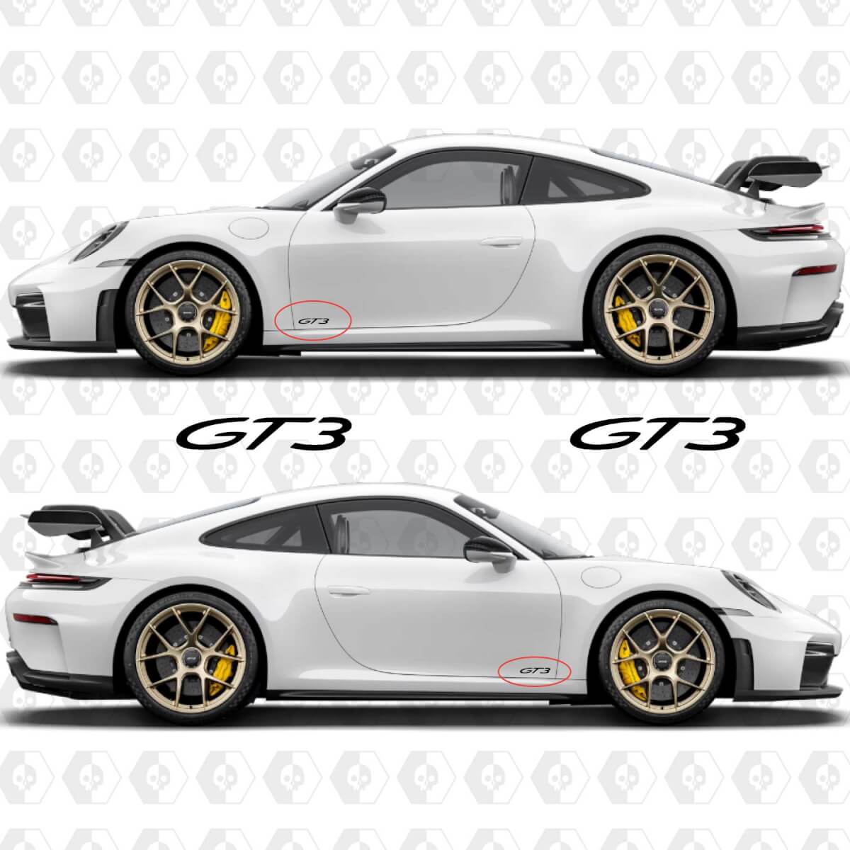 GT3 ଡେକଲ୍ ଷ୍ଟିକର୍ ଏମ୍ବଲେମ୍ ପୋର୍ଶ୍ 911 GT3 ପଛରେ ଏବଂ ସାଇଡ୍‌ରେ ଜିଟି 3 ମାର୍କ୍ କରିବା ଜଣେ।
