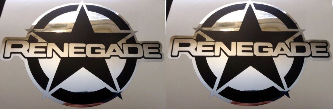 2 JEEP RENEGADE VINYL Stickers Decals 7.25  X 5.5  MATTE BLACK-MIRROR CHROME 2015 2016