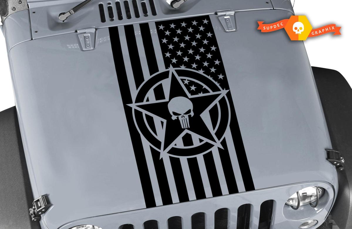 American Flag Military Star Punisher Vinyl Hood Sticker Decal Fits Wrangler TJ LJ JK CJ