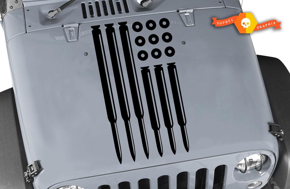 BULLET AMERICAN FLAG GUN Jeep Wrangler Decal Blackout Hood  Vinyl Any Colors Sticker JK LJ TJ