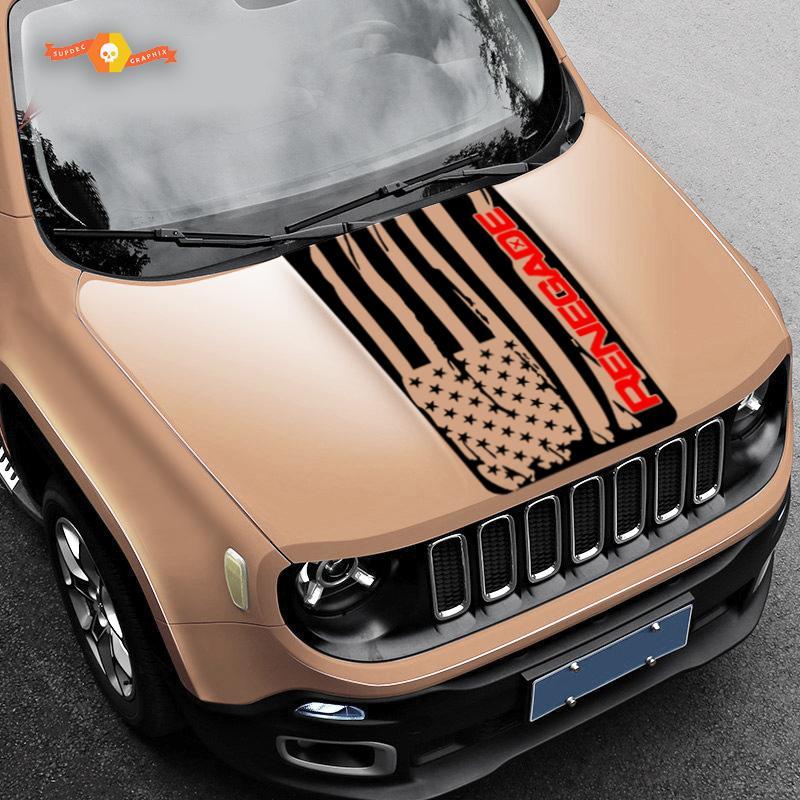 2 Color Hood Jeep Renegade Distressed American Flag Logo Graphic Vinyl Sticker Decal SUV