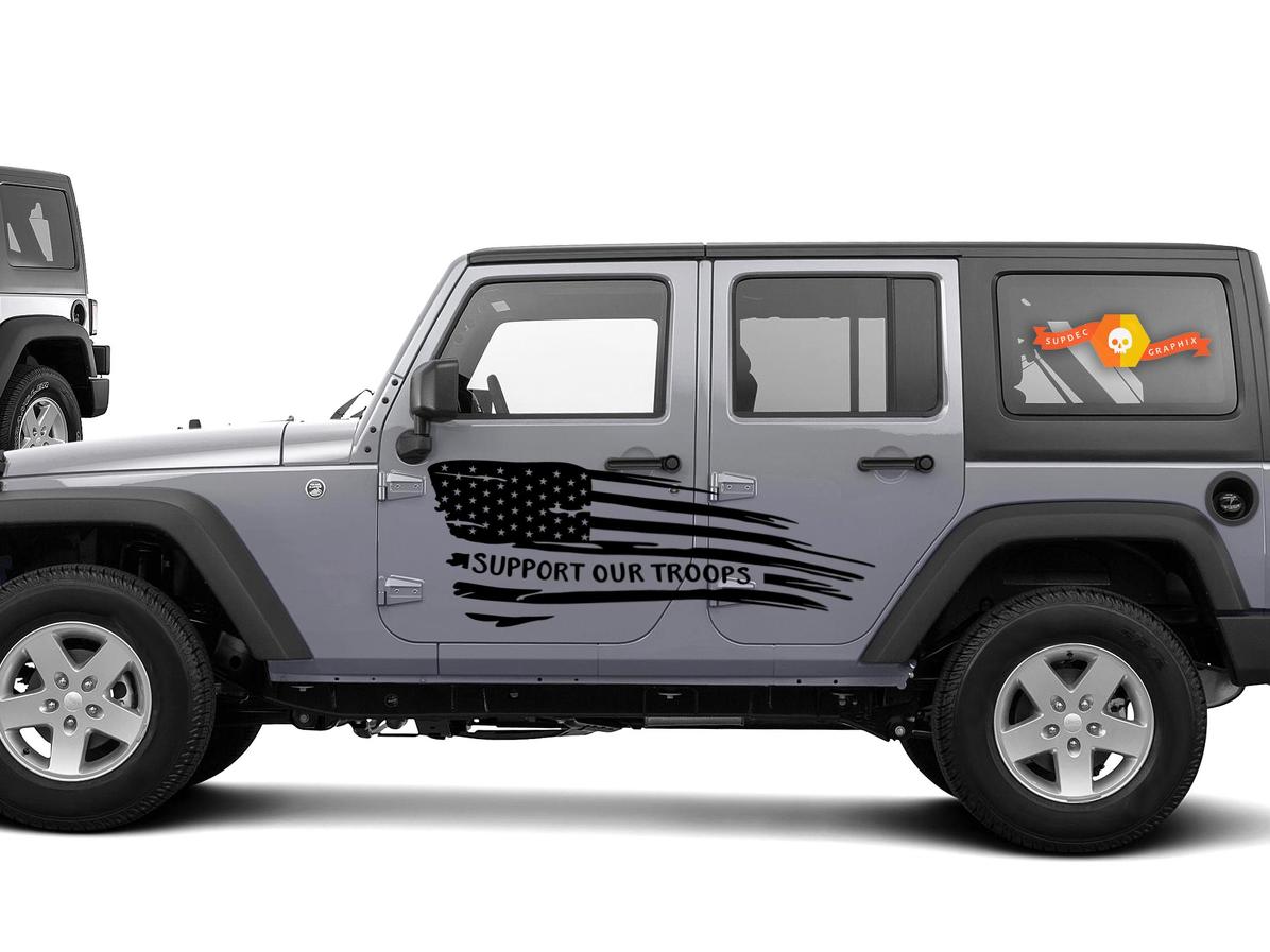 Support Our Troops Wavy Flag Graphic Sticker Decal Side body Fits Jeep Wrangler USA