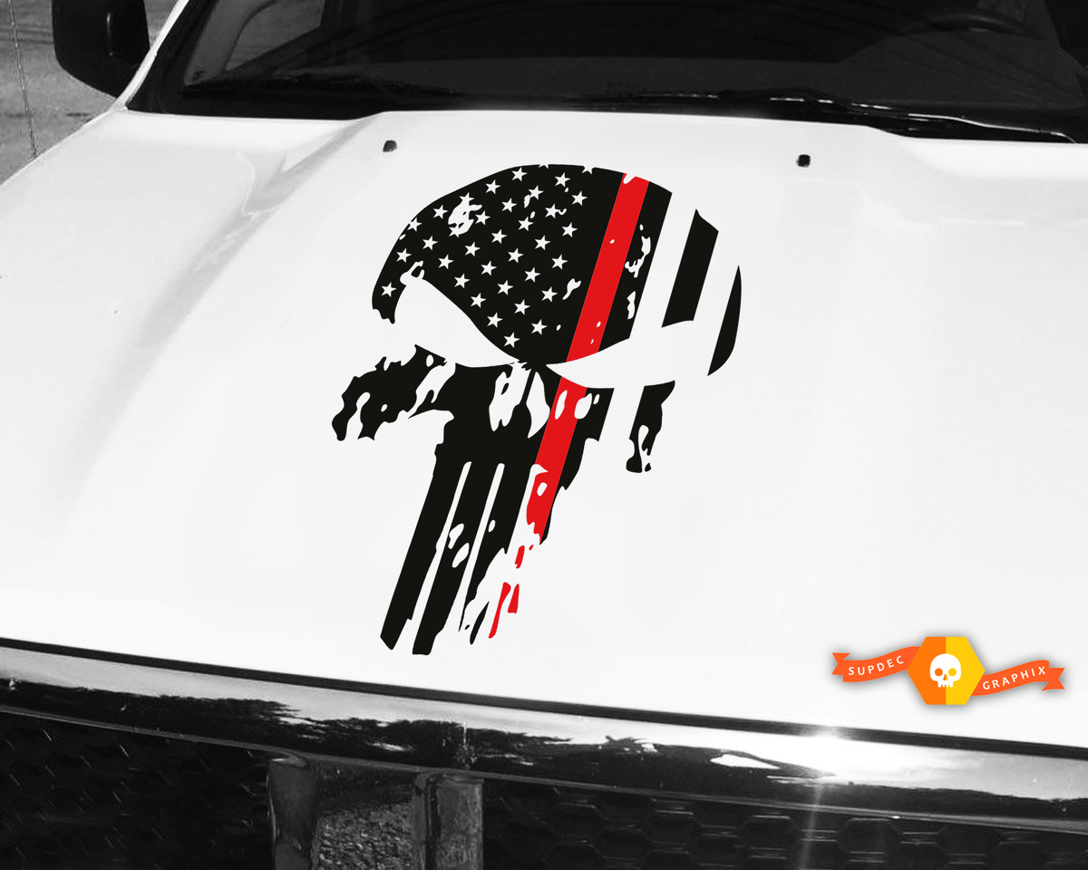 Punisher Skull Red Line Flag Hood Sticker Decal 26