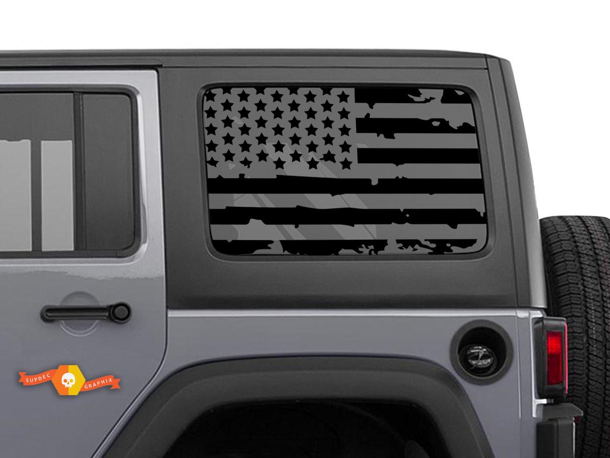 2x Jeep Hardtop Flag Sticker Decal Distressed worn USA American Wrangler JKU Window