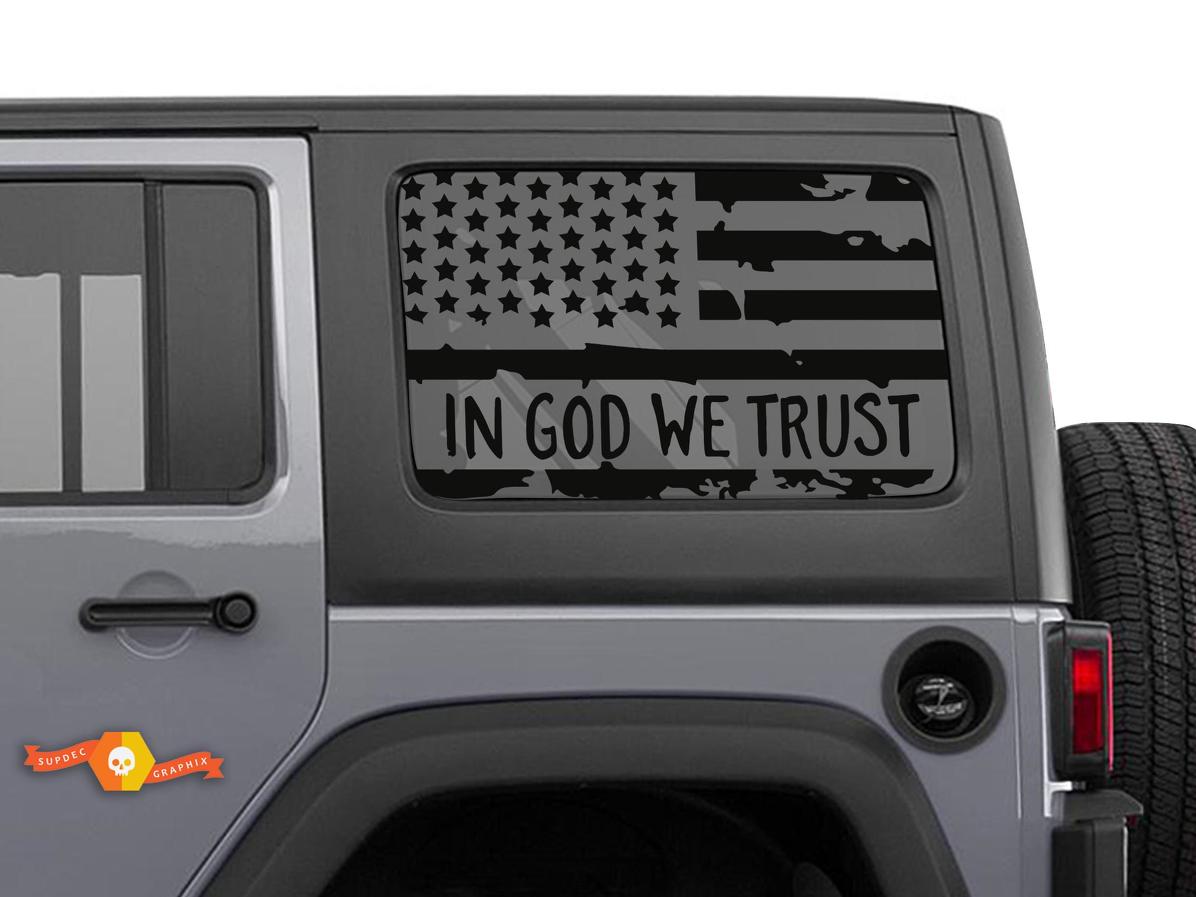 2x Jeep Hardtop Flag Sticker Decal - In GOD We Trust - USA American Wrangler Window