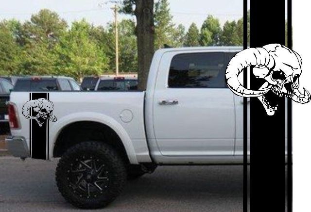 Truck vinyl Sticker Decal racing stripes Dodge Ram rear bed skull both sides Hemi Mopar