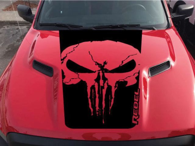 Dodge Ram Rebel Text Punisher Grunge Skull Hood Truck Vinyl Sticker Decal Graphic