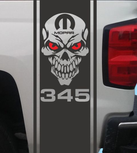 Dodge Ram 345 HEMI Mopar Skull Rear Bed Vinyl Sticker Decal Stripes Truck Graphics Two Colors