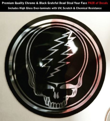 Grateful Dead Steal Your Face Chrome & Black PAIR of Stickers Decals 2 Inches SHINY 0184