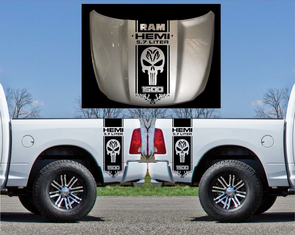 3X Dodge Hemi 5.7 liter Ram bed side and hood Vinyl Stickers Decals graphics kit stripe