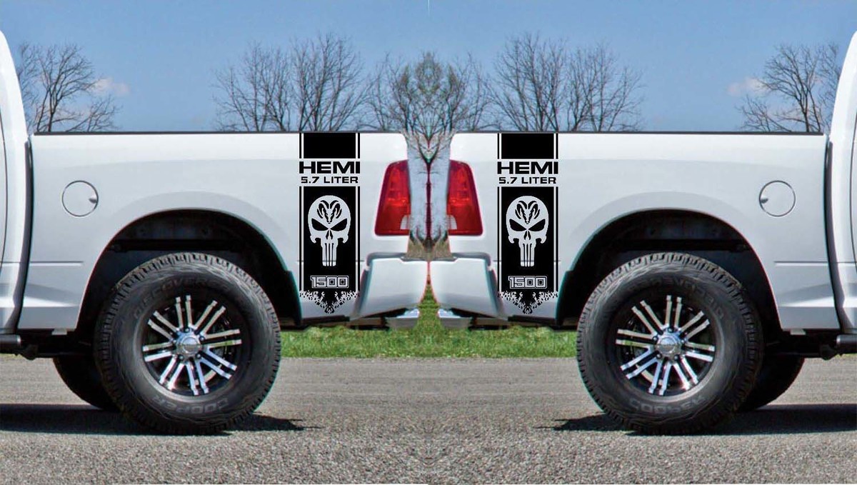 2x Dodge Hemi 5.7 liter Ram 1500 Bed side Vinyl Stickers Decals graphics rally stripe