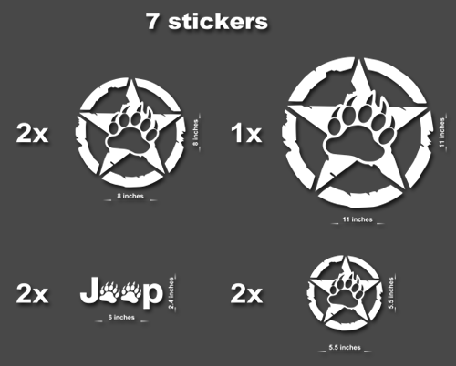 7x Jeep Bear Claw STAR Decal stickers hood door fender TJ JK CJ YJ JL rubicon
