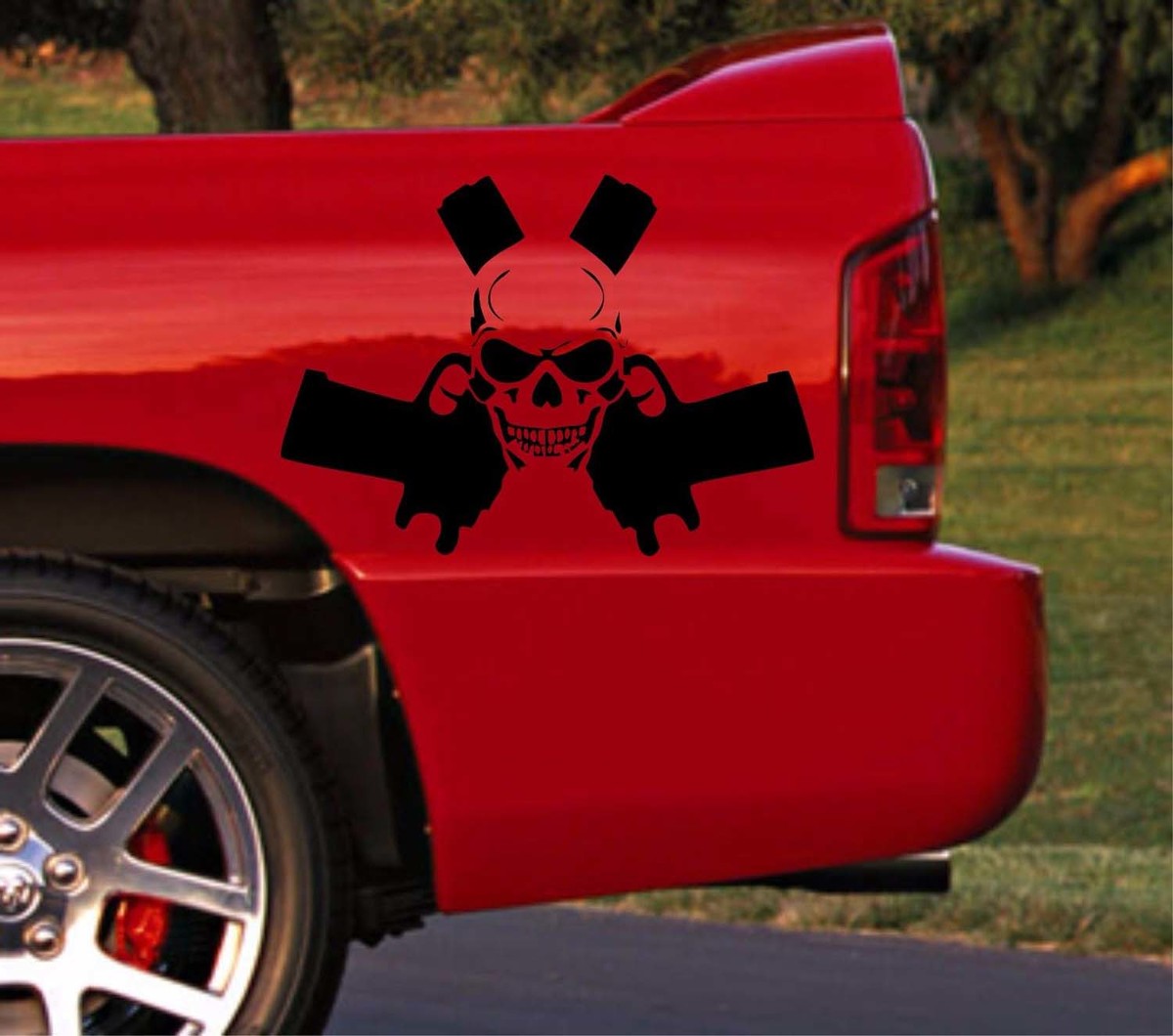 Truck car vinyl Sticker Decal racing stripe Dodge Ram rear bed skull logo gun both sides