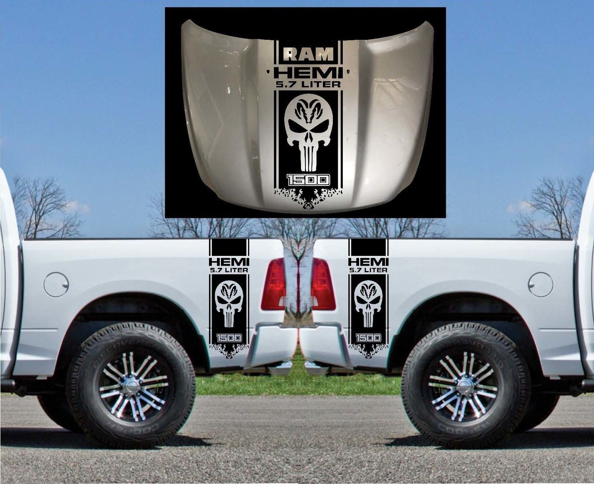 3X Dodge Hemi 5.7 liter Ram bed side and hood Vinyl Stickers Decals graphics kit  stripe