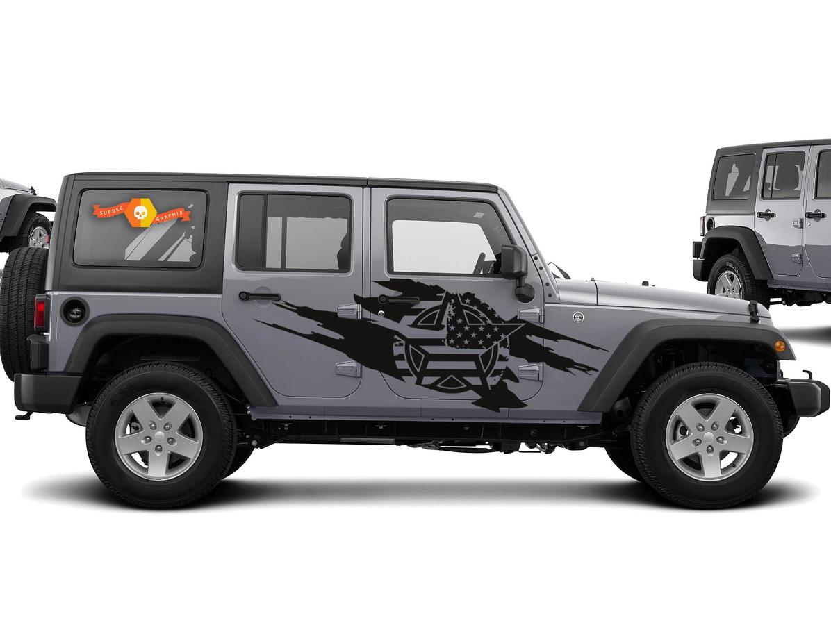 Jeep Wrangler (2007-2016) 4-door Custom Vinyl Sticker Decal Kit - Army Star Torn