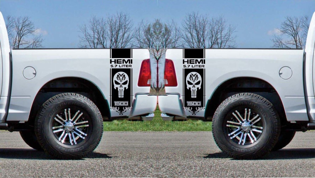 2x Dodge Hemi 5.7 liter Ram 1500 Bed side  Vinyl Stickers Decals graphics rally stripe