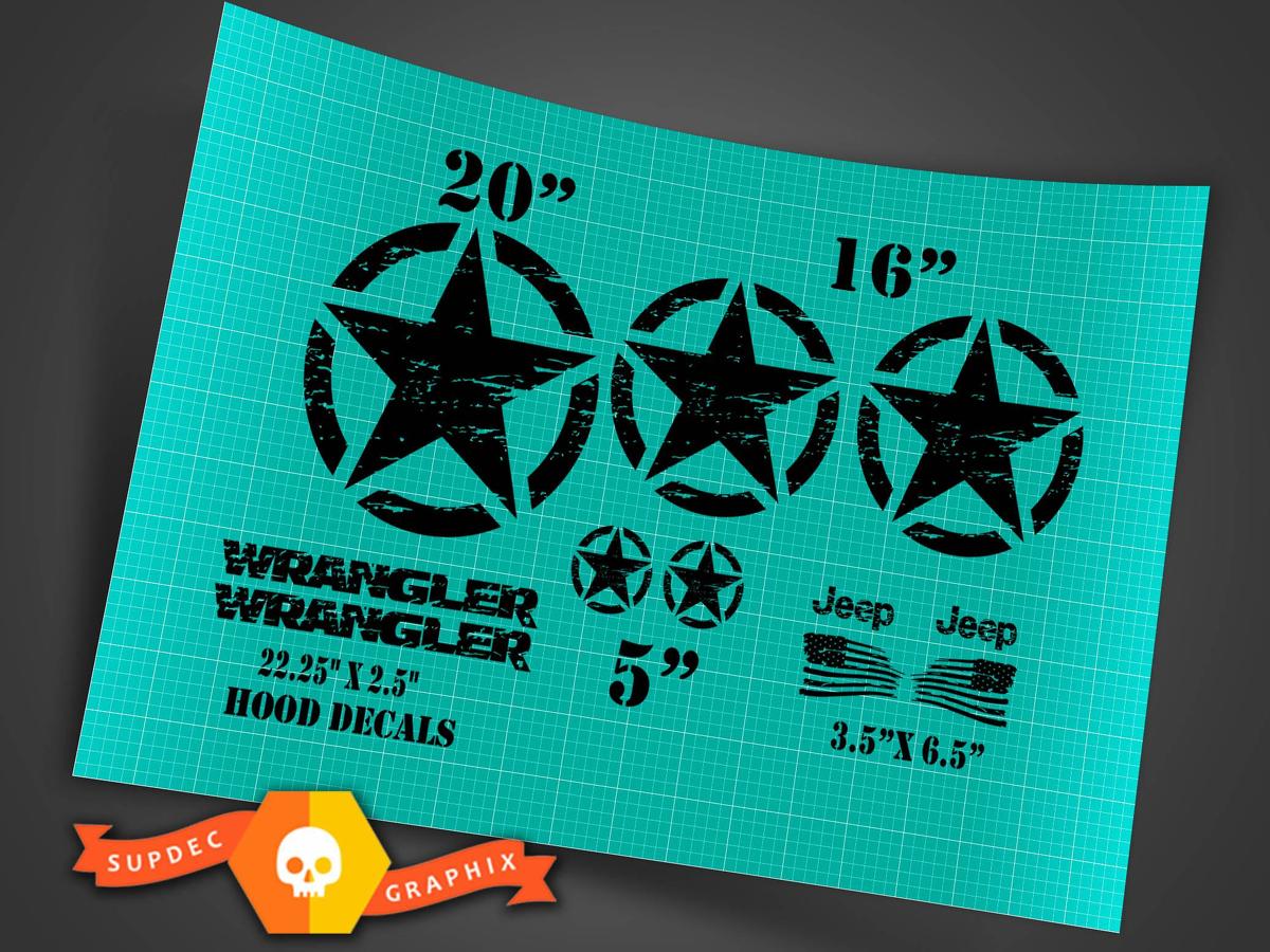 Jeep Wrangler Oscar Mike style military distressed star decal kit + hood Stickers Decals