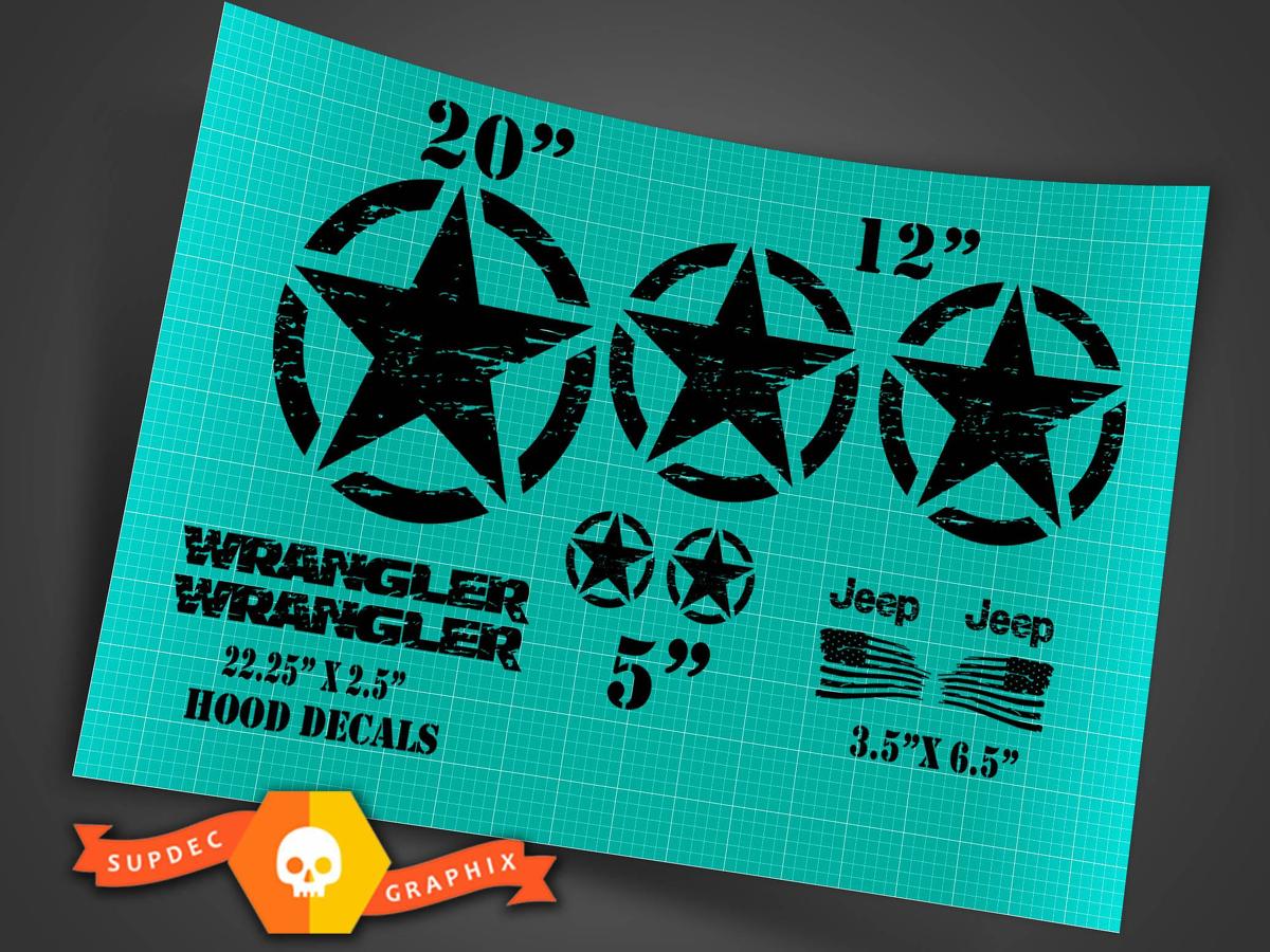 Jeep Wrangler Oscar Mike style military distressed star decal kit +  hood Stickers Decals