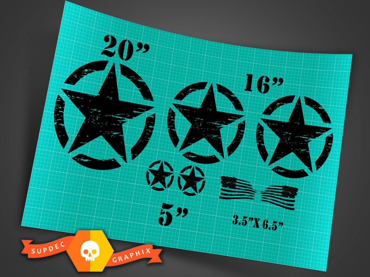 Jeep Wrangler Oscar Mike distressed style military star basic 7 Stickers Decals kit