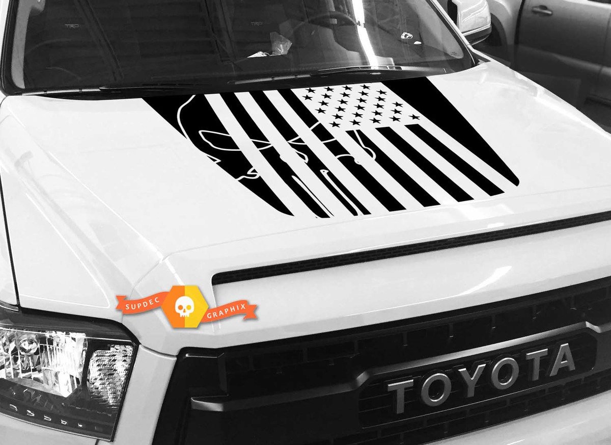 Hood USA Distressed Punisher Flag graphics Sticker Decal for TOYOTA TUNDRA 2014 2015 2016 2017 2018 #32
