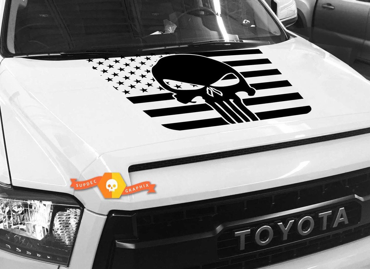 Hood USA Distressed Punisher Flag graphics Sticker Decal for TOYOTA TUNDRA 2014 2015 2016 2017 2018 #38