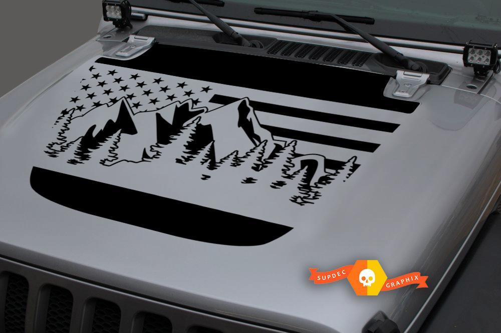  Hood Vinyl Forest Mountains USA Flag Blackout Decal Sticker for 18-19 Jeep Wrangler JL #1
