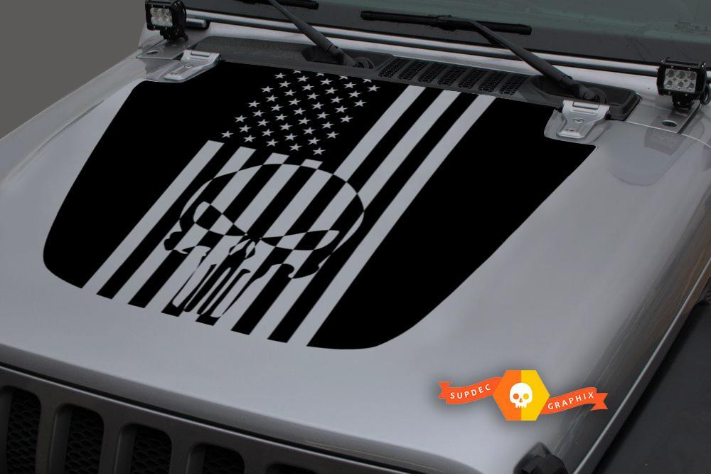 Jeep Hood Vinyl Punisher USA Flag Blackout Decal Sticker for 18-19 Jeep Wrangler JL#2