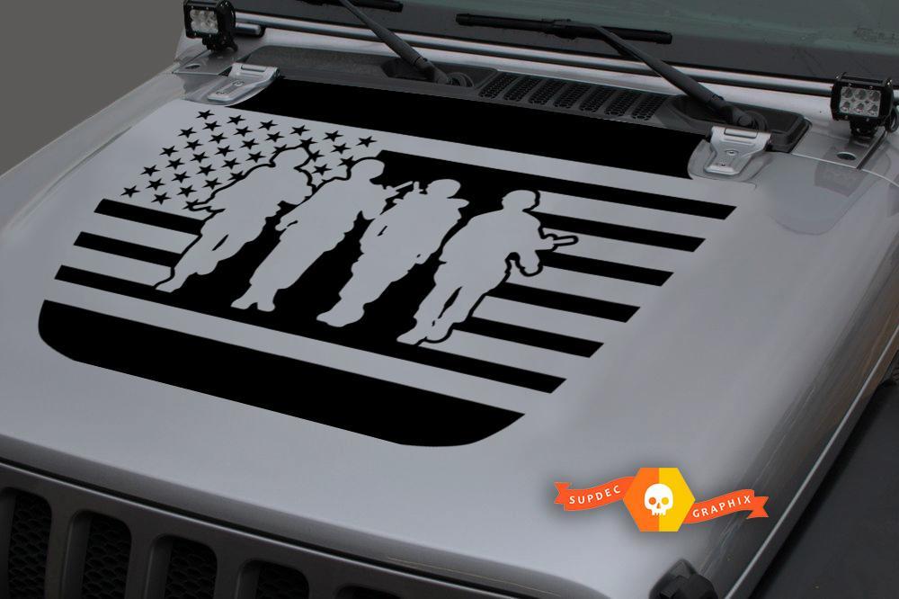 Jeep Hood Vinyl USA Flag Military Punisher Blackout Decal Sticker for 18-19 Wrangler JL#3
