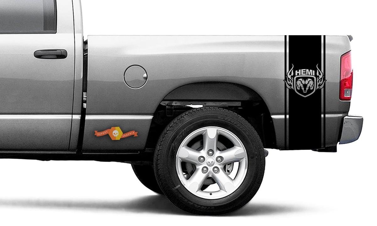 DODGE RAM 1500 VINYL DECAL Stripe Bed Side Flaming Head Racing Sticker #40