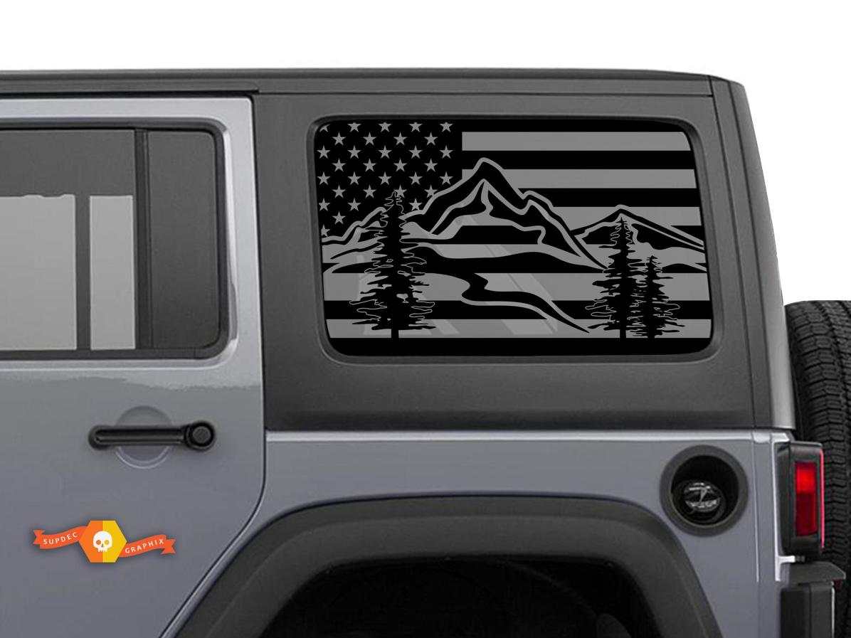 Jeep Wrangler Rubicon Hardtop USA Flag Mountains Forest Windshield Sticker Decal JKU JLU 2007-2019 or Tacoma 4Runner Tundra  Charger Challenger - 2