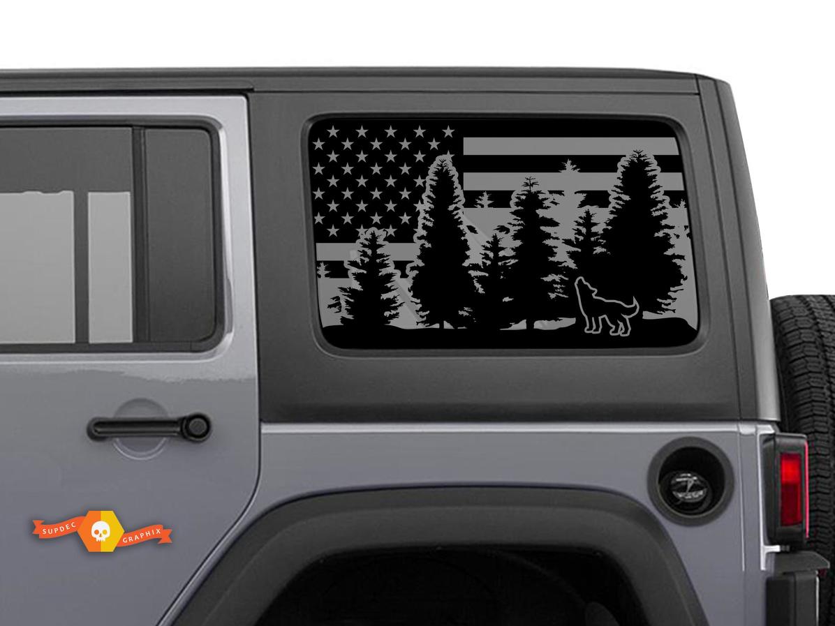Jeep Wrangler Rubicon Hardtop USA Flag Wolf Forest Windshield Sticker Decal JKU JLU 2007-2019 or Tacoma 4Runner Tundra Charger Challenger - 6