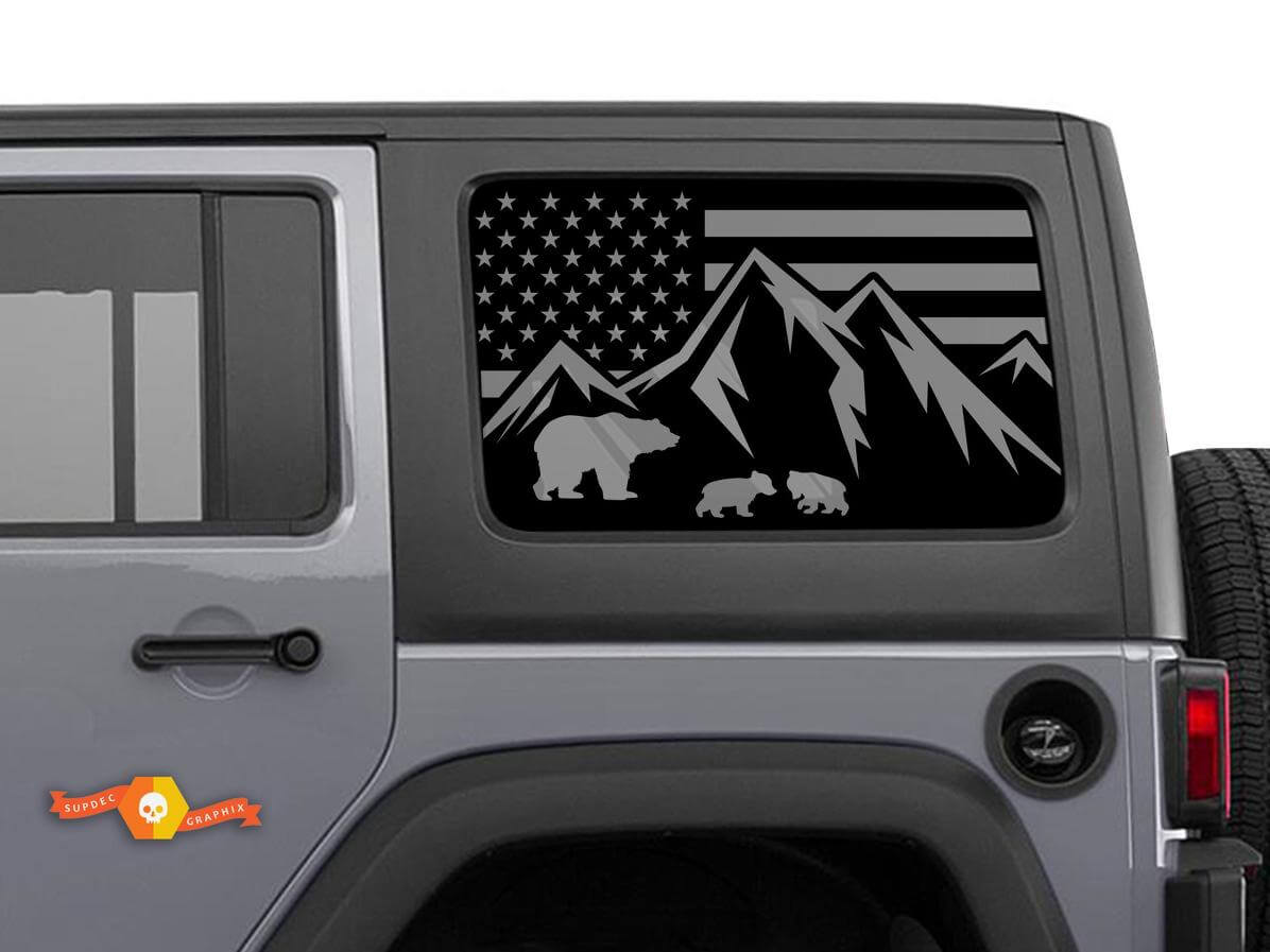 USA Flag Bear Mountains Side Window Decals for Jeep Wrangler Rubicon Hardtop