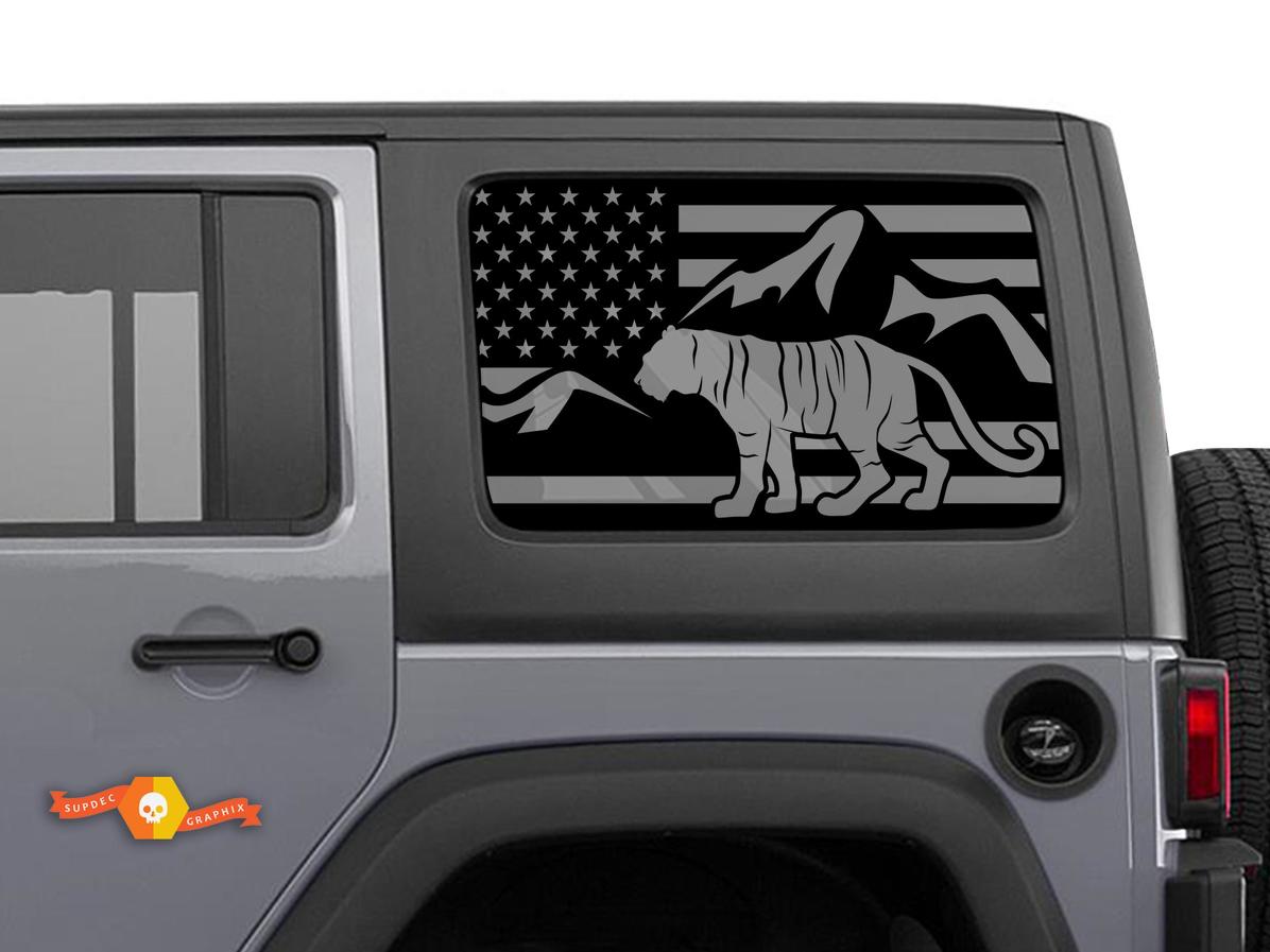 Jeep Wrangler Rubicon Hardtop Bandeira EUA Tigre Montanhas Adesivo Decalque para Para-brisa JKU JLU 2007-2019 ou Tacoma 4Runner Tundra Charger Challenger - 71

